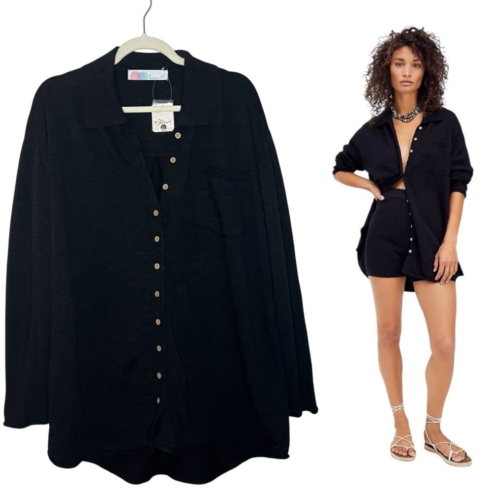 Free People Beach Black Linen Blend Zuma Cardigan Sweater Black Size Small